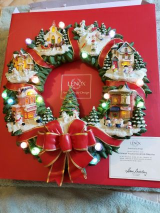 Rare - Lenox Snowman Village Lighted Wreath W/certificate Of Authenticity