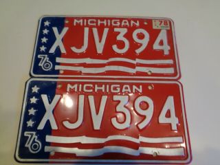 Vintage 1976 Michigan Bi - Centennial License Plates Xjv394 Matching Pair Set