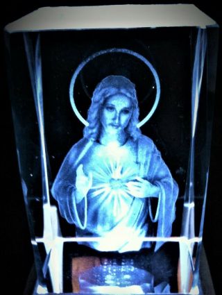 3d Sacred Heart Of Jesus Crystal Laser Holographic,  4 Led Light Base Gift Box