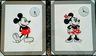 Rare Matched Set 90s Mickey Minnie Mouse 11x14 Seiko Japan Art Glass Clocks