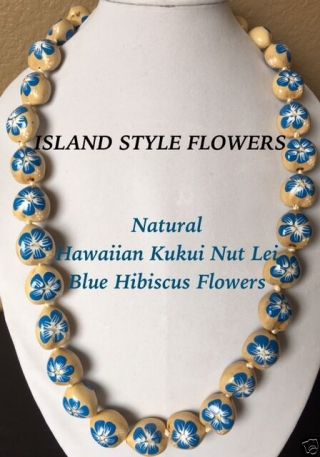 Hawaii Wedding Natural Kukui Nut Lei Graduation Luau Necklace Hibiscus Blue