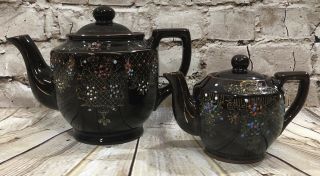 Two 1940s Moriage Redware Tea Pot Hand Painted Japan Ceramic Moriage High Tea