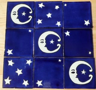 10 Talavera Mexican Pottery Tile 4 " Astronomy Stars Moon Celestial Cobalt Blue