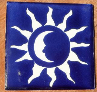 10 Talavera Mexican Pottery Tile 4 " Astronomy Sun Moon Celestial Cobalt Blue