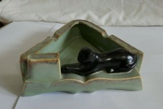 Vintage Green Rust Glaze Triangular Ashtray With Black Cat Made In Japan