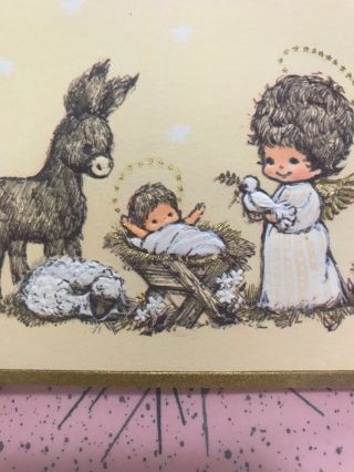 Vintage Christmas Card Hallmark Baby Jesus Angel Animals Donkey Yellow Gold Halo