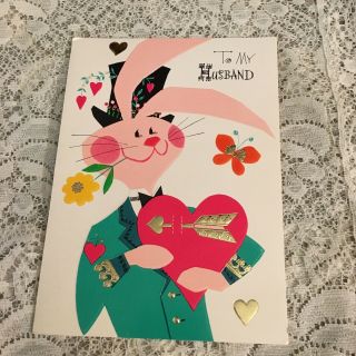 Vintage Greeting Card Husband Pink Bunny Rabbit Heart Hallmark