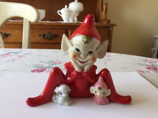 Rare Vintage Lg Christmas Red Pixie Elf Sitting W/ Lamb & Sm Pink Elf Figurine
