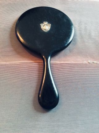 Antique Hand Mirror Ebony (?) Wood Oval Beveled Silver Accent 10” X 5”