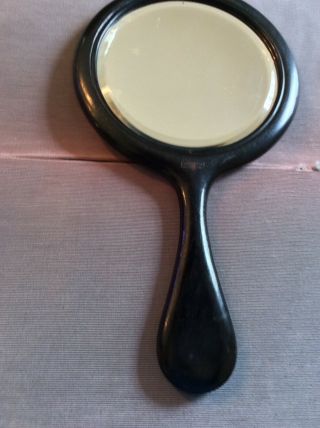 Antique Hand Mirror Ebony (?) Wood Oval Beveled Silver Accent 10” x 5” 2