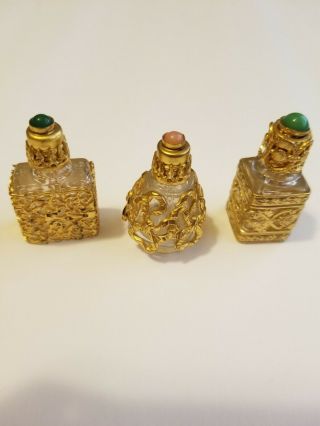 Vintage France Mini Perfume Bottles (3) Ornate Goldtone Glass Dawber