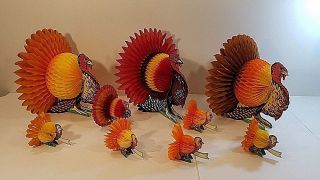 10 Vtg Honeycomb Die Cut Thanksgiving Turkey Decorations - 3 Large - 7 Small