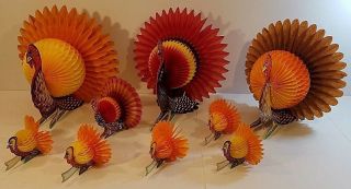 10 VTG Honeycomb Die Cut Thanksgiving Turkey Decorations - 3 Large - 7 Small 2