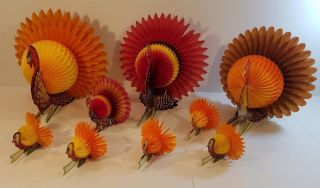 10 VTG Honeycomb Die Cut Thanksgiving Turkey Decorations - 3 Large - 7 Small 4