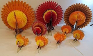 10 VTG Honeycomb Die Cut Thanksgiving Turkey Decorations - 3 Large - 7 Small 5
