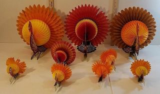 10 VTG Honeycomb Die Cut Thanksgiving Turkey Decorations - 3 Large - 7 Small 8