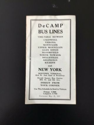 Decamp Bus Lines Nj Ny Commuter Bus Timetable 1935 Rte: 33 Caldwell - York