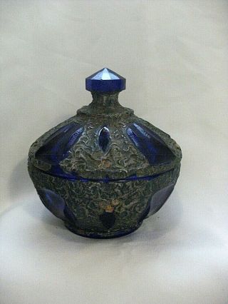 Vintage Cobalt Blue Glass And Verdigris Powder Jar Box Bottle