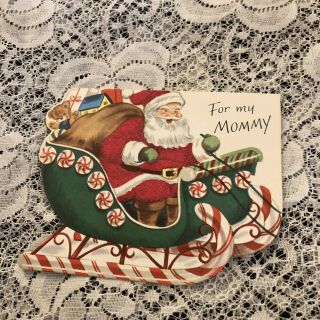 Vintage Greeting Card Christmas Mommy Santa Claus Candy Cane Sled