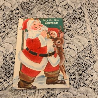 Vintage Greeting Card Christmas Godchild Santa Claus Deer Bell Reindeer