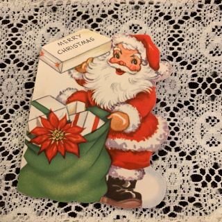 Vintage Greeting Card Christmas Santa Claus Gift Sack Die Cut