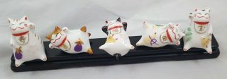 Japanese Cat Figurines 5 Maneki Neko Cute Smiley Waving Lucky Fortune Set Base