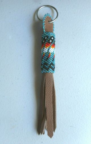 Navajo Indian Beadwork Key Chain Blue Leather Metal Ring 
