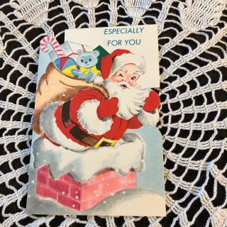 Vintage Greeting Card Christmas Santa Claus Chimney Blue Bear