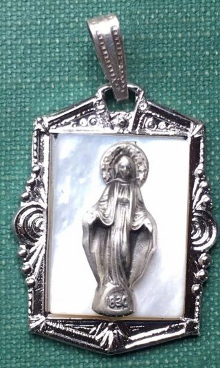 Vintage Miraculous Mary Medal Mother Of Pearl Signed Sterling 6.  6 Grams