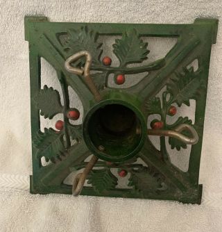 Vintage Mini Green Paint Cast Iron Christmas Tree Stand W/ Holly Feather Tree