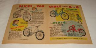 1959 Two Page Schwinn Bicycle Cartoon Ad Starlet,  Hollywood,  Tornado,  Pixie