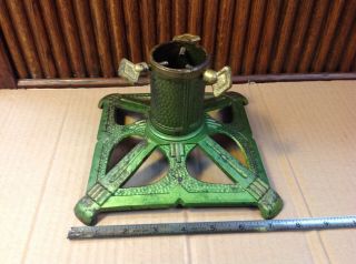Vintage Cast Iron Mini Christmas Tree Stand Green With Gold Trim
