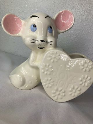 Vintage Ceramic Valentine Mouse 9a459 Heart Flower Vase Pot Planter - I Love You