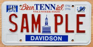 1996 Tennessee Sample License Plate Sam Ple State Bicentennial Issue