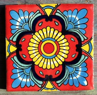 10 Talavera Mexican Pottery 4 " Tile Classic Sunflower Red Aqua Lemon Green