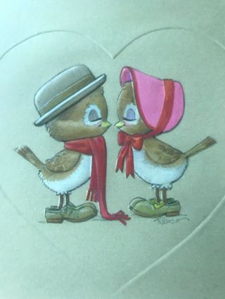 Vintage Valentines Day Card Hallmark Spencer Sparrow Bird Couple Pink Hat