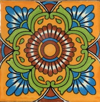 10 Talavera Mexican Pottery Tile 4 " Marigold Yellow Lime Green Turquoise Rust