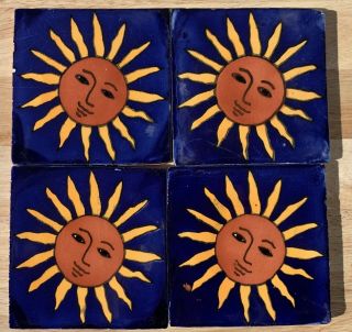 10 Talavera Mexican Pottery Tile 4 " Classic Astronomy Tilting Sun Rays Cobalt