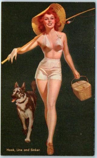 1940s Pin - Up Girl Postcard Redhead Girl German Shepherd Dog Fishing Eo10 Canada