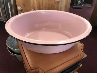Vintage Large Oblong Pink Porcelain Enamelware Baby Bath Tub