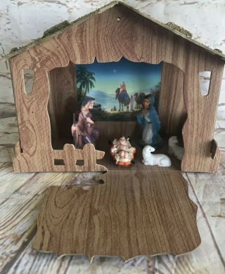 Vintage Christmas Fold Up Cardboard Nativity Plastic Figures 10” Wide