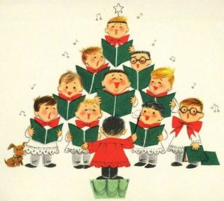 Vintage Pixie Boys Choir Singing Christmas Tree Greeting Card Mid Century Modern
