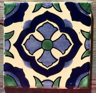 10 Talavera Mexican Pottery 4 " Tile Classic Blue Cross Floral Green Leaves White