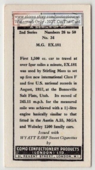 M.  G.  EX.  181 Bonneville Salt Flat 1957 Record Car Vintage Trade Card 2