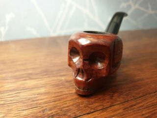 Vintage Italian,  Rare Briar Wood Skull Design Smoking Pipe Bent Stem,  Ref A15