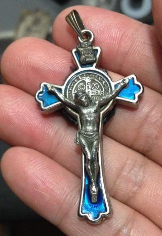 Vtg Blue Enamel Crucifix Cross Jesus Christ Religious Italian Pendant Reserved