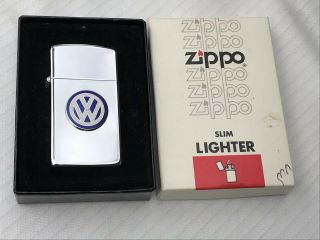 Vintage 1983 Zippo Slim Lighter With Vw Emblem & Box In Cond.