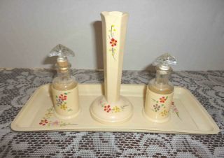 Mini Celluloid Perfume Bottles,  Vanity Tray,  And Bud Vase/hat Pin Holder Set