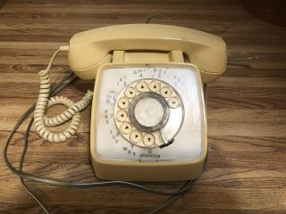 Vtg Beige Yellow Rotary Dial Gte Phone Desk Automatic Electric Usa 1970 