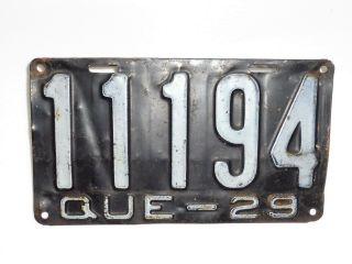 Very 1929 Quebec License Plate Canada Tag Sign Automobile